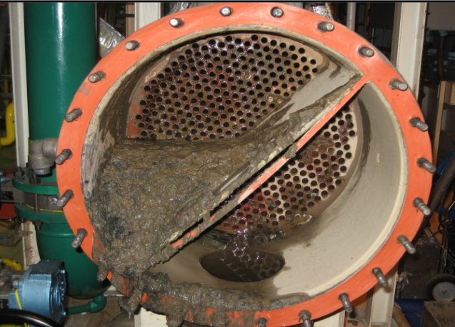 Fouling in a heat exchanger before cleaning and maintenance